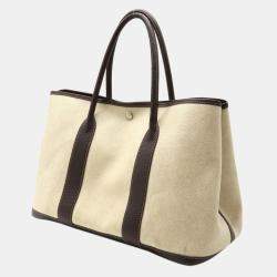 Pre Owned Hermes Garden PM Tote Bag Handbag Toile Ash Buffle Leather Beige Dark Brown