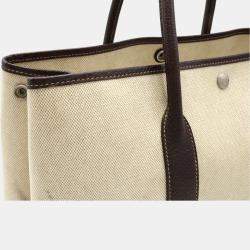 Pre Owned Hermes Garden PM Tote Bag Handbag Toile Ash Buffle Leather Beige Dark Brown