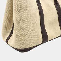 Pre Owned Hermes Garden PM Tote Bag Handbag Toile Ash Buffle Leather Beige Dark Brown