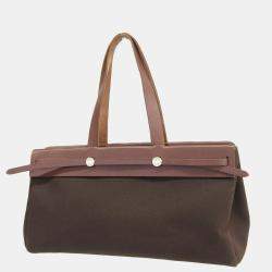 Pre Owned Hermes Bag Ladies Tote Ale Kabas MM Toile Officier Brown Leather F Engraved
