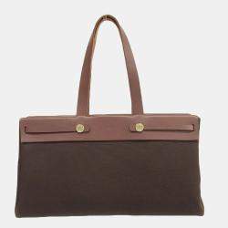 Pre Owned Hermes Bag Ladies Tote Ale Kabas MM Toile Officier Brown Leather F Engraved