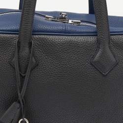 Hermes Blue Saphir/Gris Taurillion Clemence Leather Palladium Plated Victoria II Bag