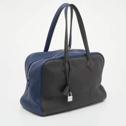 Hermes Blue Saphir/Gris Taurillion Clemence Leather Palladium Plated Victoria II Bag