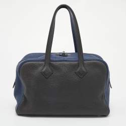 Hermes Blue Saphir/Gris Taurillion Clemence Leather Palladium Plated Victoria II Bag