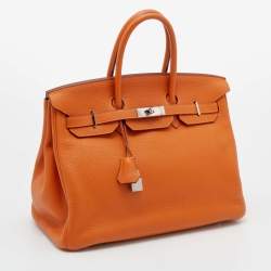 Pre Owned Hermes Potiron Taurillon Clemence Leather Palladium Finish Birkin 35 Bag
