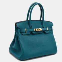 Pre Owned Hermes Bleu de Galice Togo Leather Gold Finish Birkin 30 Bag