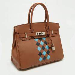 Hermes Gold/Bleu du Nord/ Bleu Indigo Epsom and Swift Leather Palladium Finish Birkin Tressage De Cuir 30 Bag