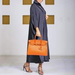 Pre Owned Hermes Orange Togo Leather Gold Finish Birkin 35 Bag