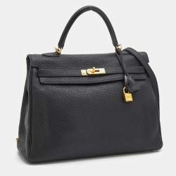 Pre Owned Hermes Black Fjord Leather Gold Finished Kelly Retourne 35 Bag