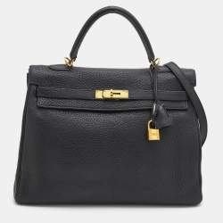Pre Owned Hermes Black Fjord Leather Gold Finished Kelly Retourne 35 Bag