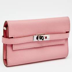 Pre Owned Hermes Rose Confetti Chevre Mysore Leather Kelly Depliant Medium Wallet