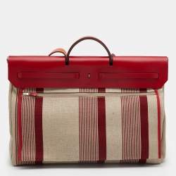 Pre Owned Hermes Beige/Red H Vibration Canvas and Leather Herbag Zip 50 Bag