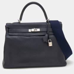 Hermes Bleu Obscur Taurillon Clemence Leather Gold Finish Kelly Retourne 35 Bag