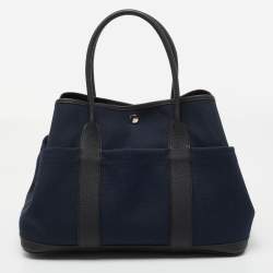 Pre Owned Hermes Noir/Bleu Marine Vache Country Leather and Military Toile Garden Party Pockets 36 Bag