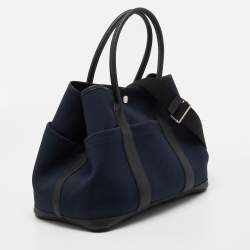 Pre Owned Hermes Noir/Bleu Marine Vache Country Leather and Military Toile Garden Party Pockets 36 Bag