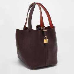 Pre Owned Hermes Prune/Orange Poppy Taurillon Clemence Leather Picotin Lock 22 Bag