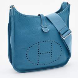 Pre Owned Hermes Bleu Jean Togo Leather Evelyne III PM Bag