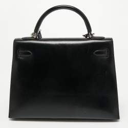 Pre Owned Hermes Black Box Leather Palladium Finish Kelly Sellier 32 Bag