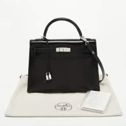 Pre Owned Hermes Black Box Leather Palladium Finish Kelly Sellier 32 Bag
