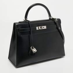 Pre Owned Hermes Black Box Leather Palladium Finish Kelly Sellier 32 Bag