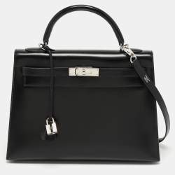Pre Owned Hermes Black Box Leather Palladium Finish Kelly Sellier 32 Bag