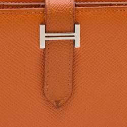Pre Owned Hermes Orange Epsom Leather Palladium Finish Bearn Wallet