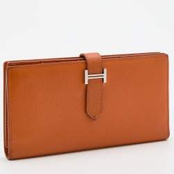 Pre Owned Hermes Orange Epsom Leather Palladium Finish Bearn Wallet
