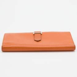 Pre Owned Hermes Orange Epsom Leather Palladium Finish Bearn Wallet