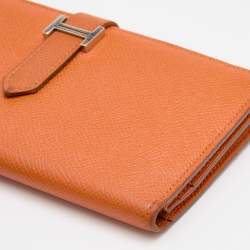Pre Owned Hermes Orange Epsom Leather Palladium Finish Bearn Wallet