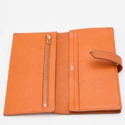 Pre Owned Hermes Orange Epsom Leather Palladium Finish Bearn Wallet