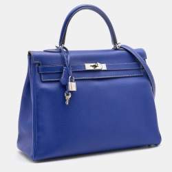 Hermes Bleu Electrique/Mykonos Epsom Leather Palladium Finish Kelly Retourne 35 Bag
