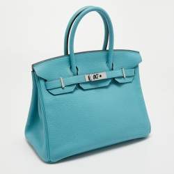 Hermes Blue Saint Cyr Taurillon Clemence Leather Palladium Finish Birkin 30 Bag