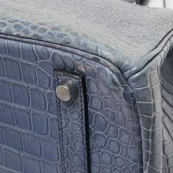 Pre Owned Hermes Blue Brighton Porosus Crocodile Palladium Finish Birkin 35 Bag
