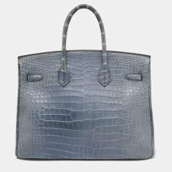 Pre Owned Hermes Blue Brighton Porosus Crocodile Palladium Finish Birkin 35 Bag