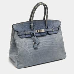 Pre Owned Hermes Blue Brighton Porosus Crocodile Palladium Finish Birkin 35 Bag