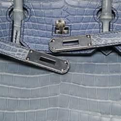 Pre Owned Hermes Blue Brighton Porosus Crocodile Palladium Finish Birkin 35 Bag