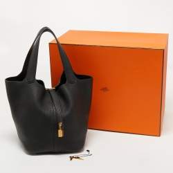 Hermes Black Clemence Leather Gold Finish Picotin Lock 22 Bag