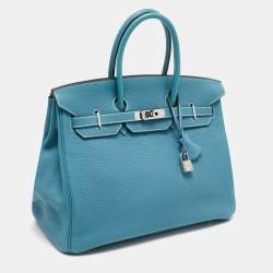 Pre Owned Hermes Blue Jean Epsom Leather Palladium Finish Birkin 35 Bag