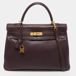 Pre Owned Hermès  Prune Chevre De Coromandel Leather Gold Finish Kelly Retourne 35 Bag