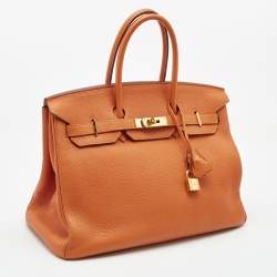 Pre Owned Hermes Orange Togo Leather Gold Finish Birkin 35 Bag
