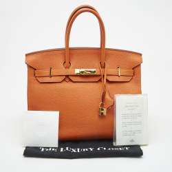 Pre Owned Hermes Orange Togo Leather Gold Finish Birkin 35 Bag