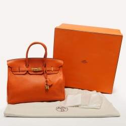 Hermes Orange Clemence Leather Gold Finish Birkin 35 Bag