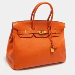 Hermes Orange Clemence Leather Gold Finish Birkin 35 Bag