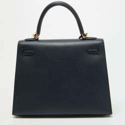 Pre Owned Hermes Blue Nuit Epsom Leather Gold Finish Kelly Sellier 25 Bag