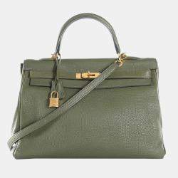 Hermes Olive Green Clemence Leather Gold Hardware Kelly Retourne 35 Bag 