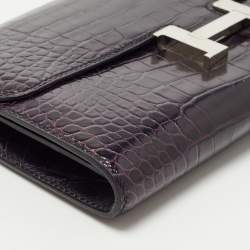 Pre Owned Hermes Aubergine Crocodile Palladium Finish Constance Long Wallet