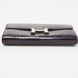 Pre Owned Hermes Aubergine Crocodile Palladium Finish Constance Long Wallet