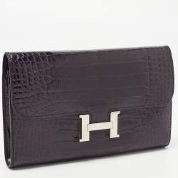 Pre Owned Hermes Aubergine Crocodile Palladium Finish Constance Long Wallet