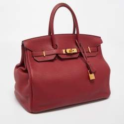 Hermes Rouge Grenat Clemence Leather Gold Finish Birkin 35 Bag