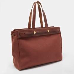Pre Owned Hermes Maroon Vache Leather and Canvas Herbag Cabas MM Tote